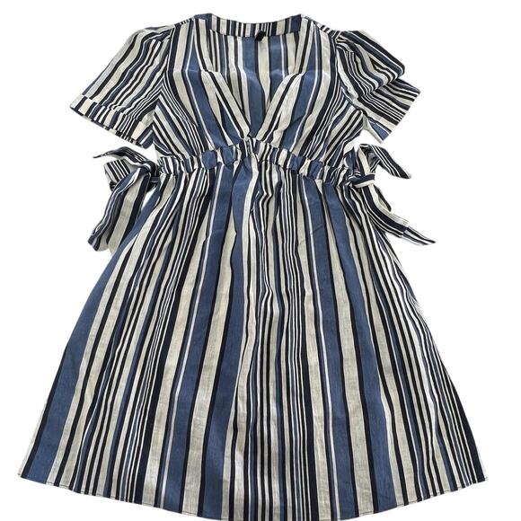 Zara Dress Womens XS Blue White Striped Short Sleeve Tie Waist Summer Casual - Picture 1 of 7